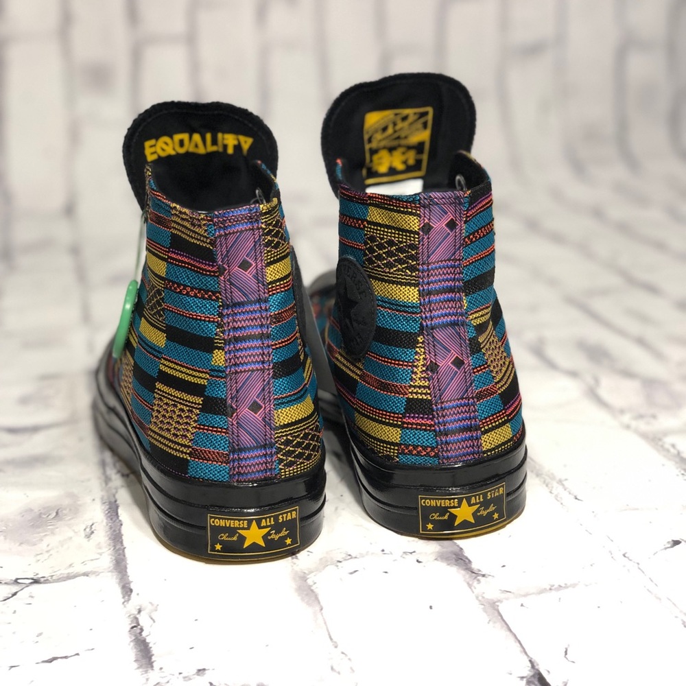 Converse High Top Sneakers in Black, Teal, Yellow and Red Pattern - Picture 3 of 5
